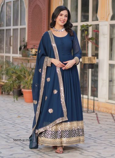 Sea Blue Georgette Blooming Sequins-Work Festive-Wear Readymade Gown With Dupatta