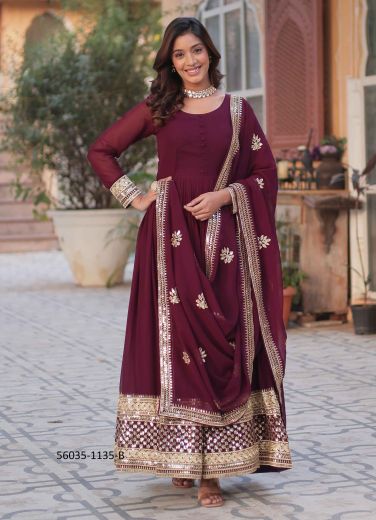 Wine Red Georgette Blooming Sequins-Work Festive-Wear Readymade Gown With Dupatta