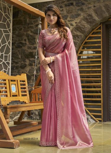 Pink Organza Tissue Zircon-Work Party-Wear Beautiful Saree