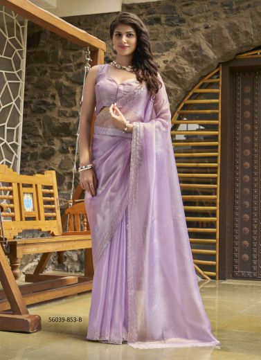 Lilac Organza Tissue Zircon-Work Party-Wear Beautiful Saree