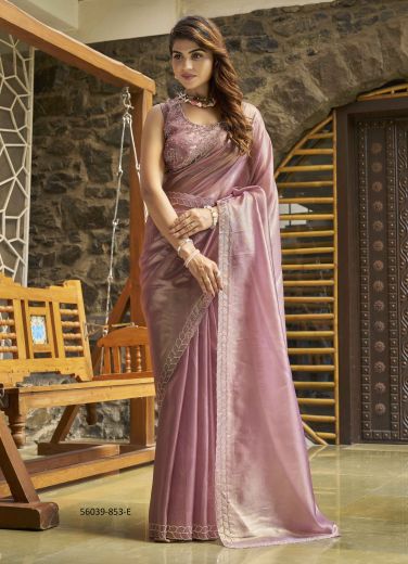 Mauve Pink Organza Tissue Zircon-Work Party-Wear Beautiful Saree