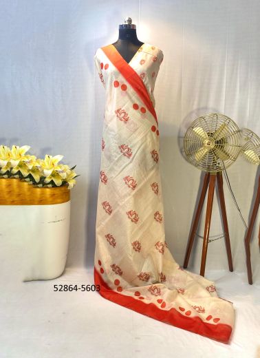 Bone White & Orange Red Pure Chanderi Woven Durga Pooja Special Saree