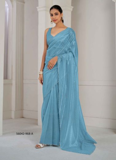 Sky Blue Organza Zircon-Work Beautiful Saree For Kitty-Parties