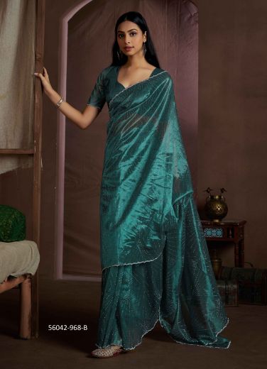 Teal Green Organza Zircon-Work Beautiful Saree For Kitty-Parties