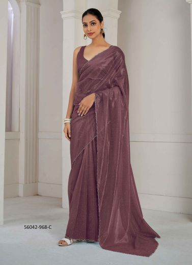 Dark Wine Organza Zircon-Work Beautiful Saree For Kitty-Parties