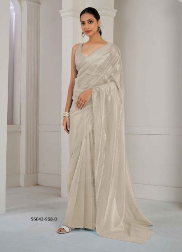 Off White Organza Zircon-Work Beautiful Saree For Kitty-Parties