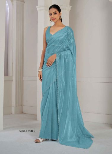 Light Blue Organza Zircon-Work Beautiful Saree For Kitty-Parties