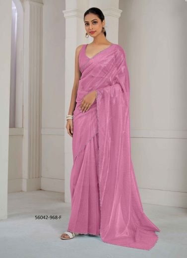 Pink Organza Zircon-Work Beautiful Saree For Kitty-Parties