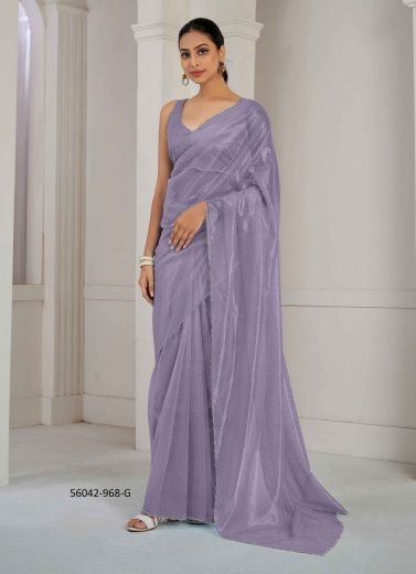 Purplish Gray Organza Zircon-Work Beautiful Saree For Kitty-Parties