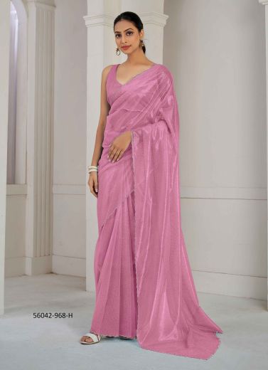 Pink Organza Zircon-Work Beautiful Saree For Kitty-Parties