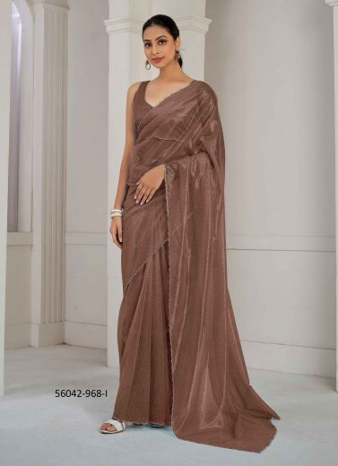 Coffee Brown Organza Zircon-Work Beautiful Saree For Kitty-Parties