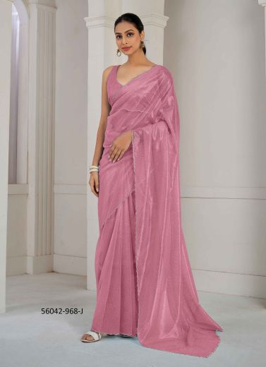 Pink Organza Zircon-Work Beautiful Saree For Kitty-Parties