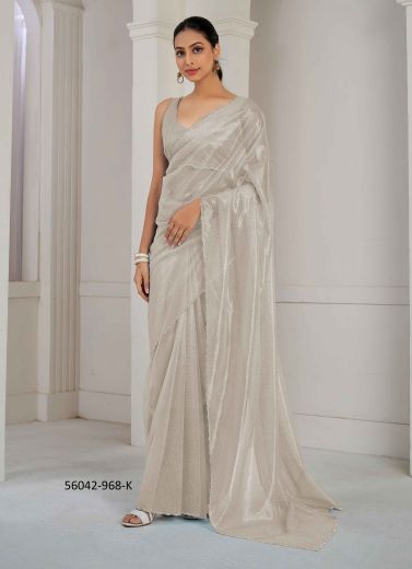 Off White Organza Zircon-Work Beautiful Saree For Kitty-Parties