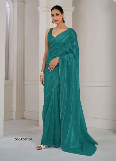 Teal Green Organza Zircon-Work Beautiful Saree For Kitty-Parties