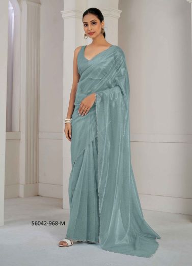 Light Blue Organza Zircon-Work Beautiful Saree For Kitty-Parties