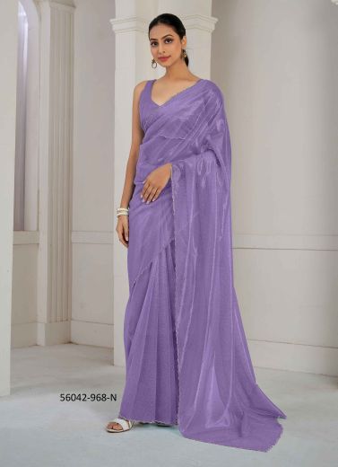 Lavender Organza Zircon-Work Beautiful Saree For Kitty-Parties