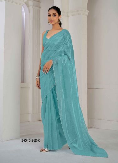 Light Blue Organza Zircon-Work Beautiful Saree For Kitty-Parties