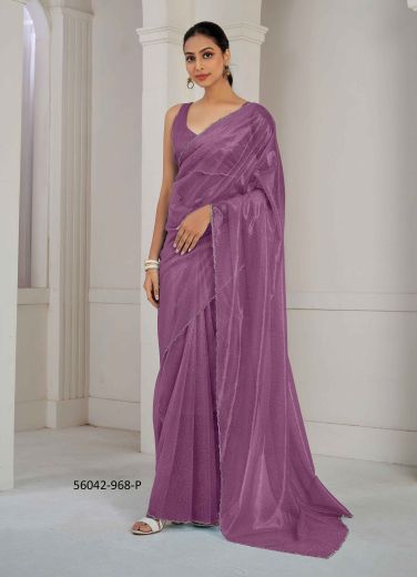 Purple Organza Zircon-Work Beautiful Saree For Kitty-Parties