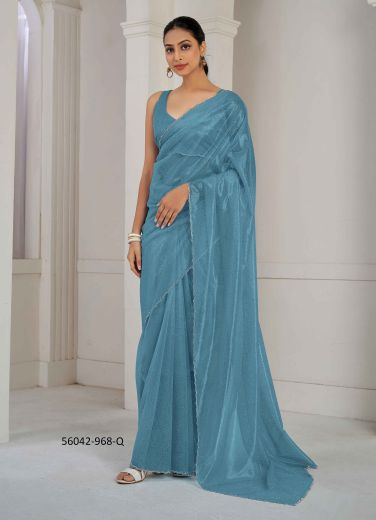 Sky Blue Organza Zircon-Work Beautiful Saree For Kitty-Parties