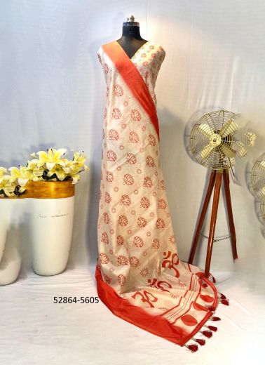 Bone White & Orange Red Pure Chanderi Woven Durga Pooja Special Saree