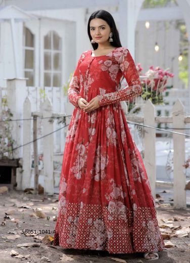 Red & White Georgette Digitally Printed Party-Wear Readymade Floor-Length Gown