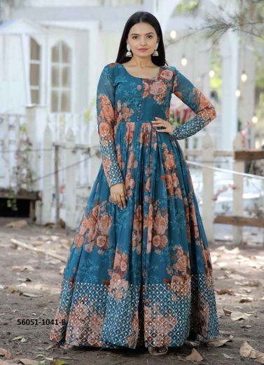 Sea Blue & Light Salmon Georgette Digitally Printed Party-Wear Readymade Floor-Length Gown