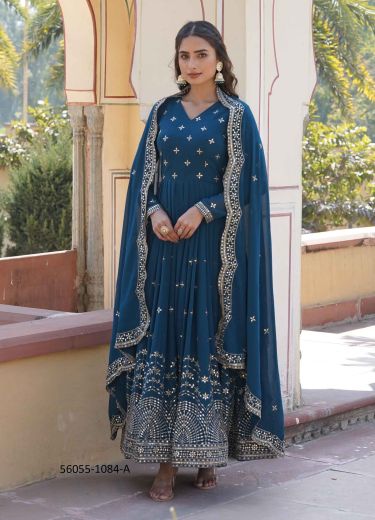 Sea Blue Georgette Sequins-Work Readymade Gown With Dupatta For Traditional / Religious Occasions