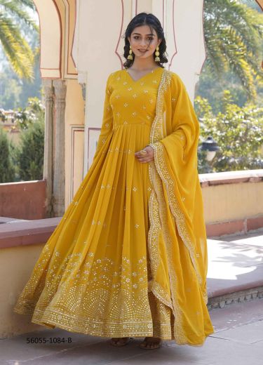 Mustard Yellow Georgette Sequins-Work Readymade Gown With Dupatta For Traditional / Religious Occasions