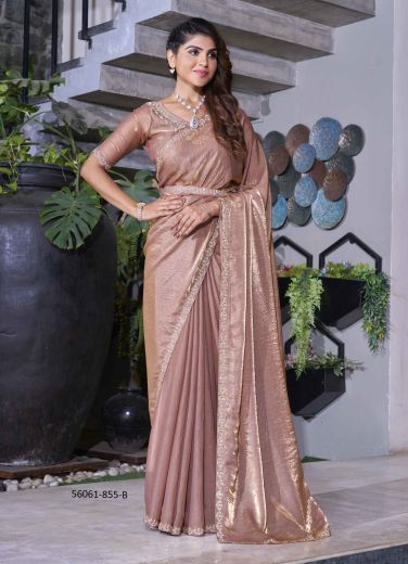 Light Coral Satin Silk Zircon-Work Festive-Wear Beautiful Saree