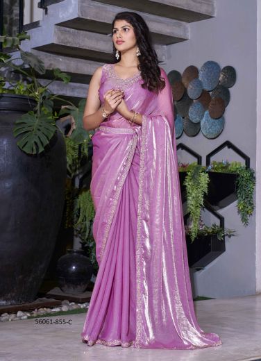 Pink Satin Silk Zircon-Work Festive-Wear Beautiful Saree