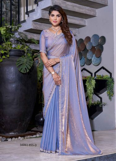 Royal Blue Satin Silk Zircon-Work Festive-Wear Beautiful Saree