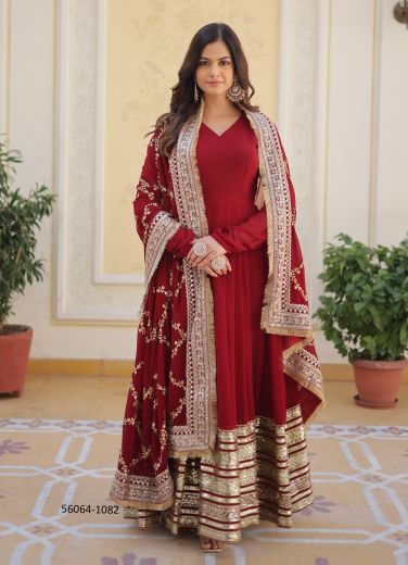 Maroon Blooming Georgette Embroidered Festive-Wear Readymade Gown With Dupatta