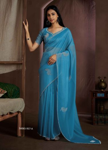 Aqua Blue Silk Zircon-Work Party-Wear Beautiful Saree