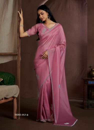 Pink Silk Zircon-Work Party-Wear Beautiful Saree