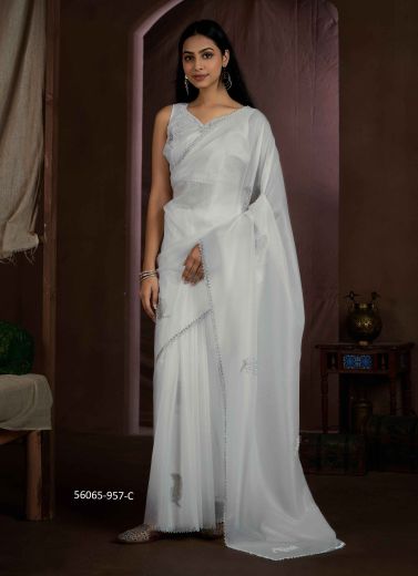 White Silk Zircon-Work Party-Wear Beautiful Saree