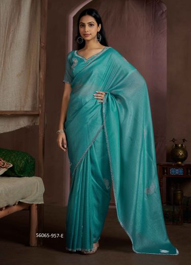 Teal Blue Silk Zircon-Work Party-Wear Beautiful Saree