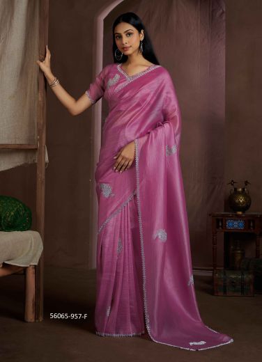 Purplish Pink Silk Zircon-Work Party-Wear Beautiful Saree