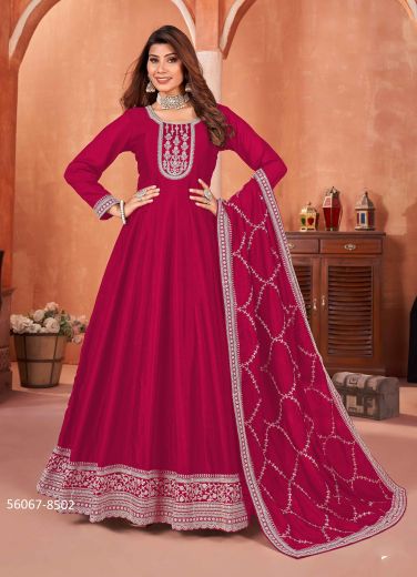 Wine Red Art Silk Embroidered Party-Wear Readymade Gown With Dupatta