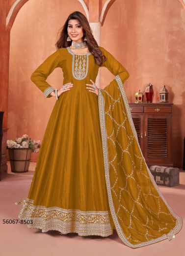 Golden Art Silk Embroidered Party-Wear Readymade Gown With Dupatta