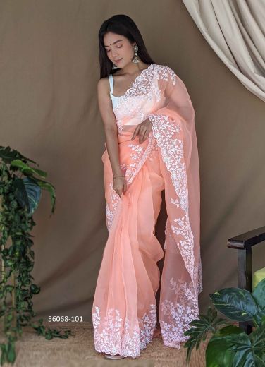 Light Salmon Organza Thread-Work Beautiful Saree For Kitty-Parties