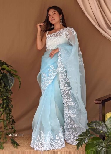 Light Sky Blue Organza Thread-Work Beautiful Saree For Kitty-Parties