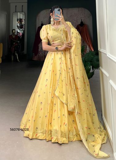 Light Yellow Silk Printed Festive-Wear Embroidery Work Readymade Lehenga Choli