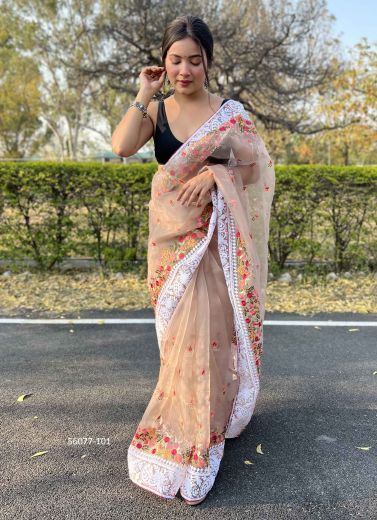 Peach Organza Chikankari-Work Party-Wear Boutique-Style Saree