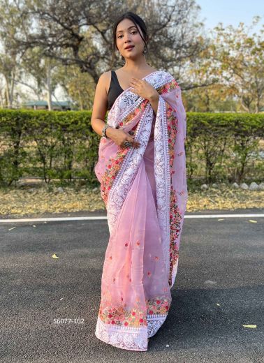 Pink Organza Chikankari-Work Party-Wear Boutique-Style Saree