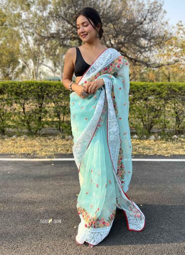 Light Aqua Organza Chikankari-Work Party-Wear Boutique-Style Saree