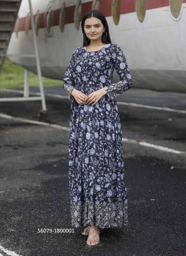 Navy Blue & White Faux Blooming Georgette Resort-Wear Readymade Maxi Dress