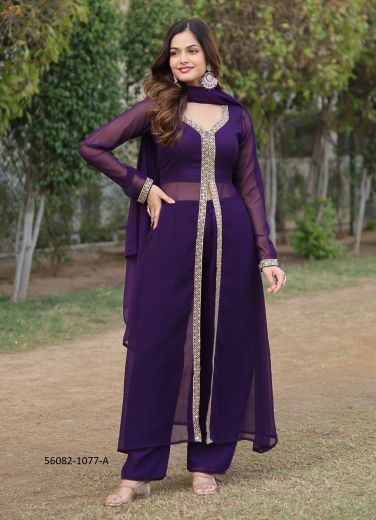 Violet Faux Blooming Embroidered Festive-Wear Front-Slit Readymade Salwar Kameez