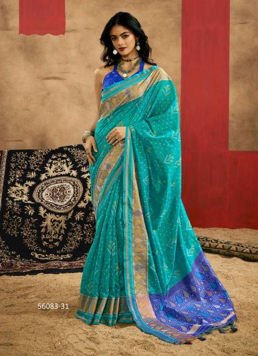 Teal Blue Woven Silk Handloom Saree For Traditional / Religious Occasions