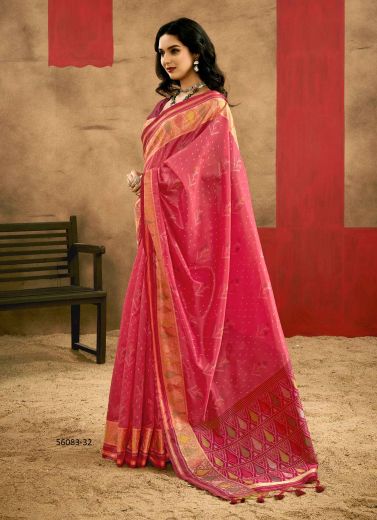 Dark Pink Woven Silk Handloom Saree For Traditional / Religious Occasions