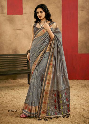 Gray Woven Silk Handloom Saree For Traditional / Religious Occasions